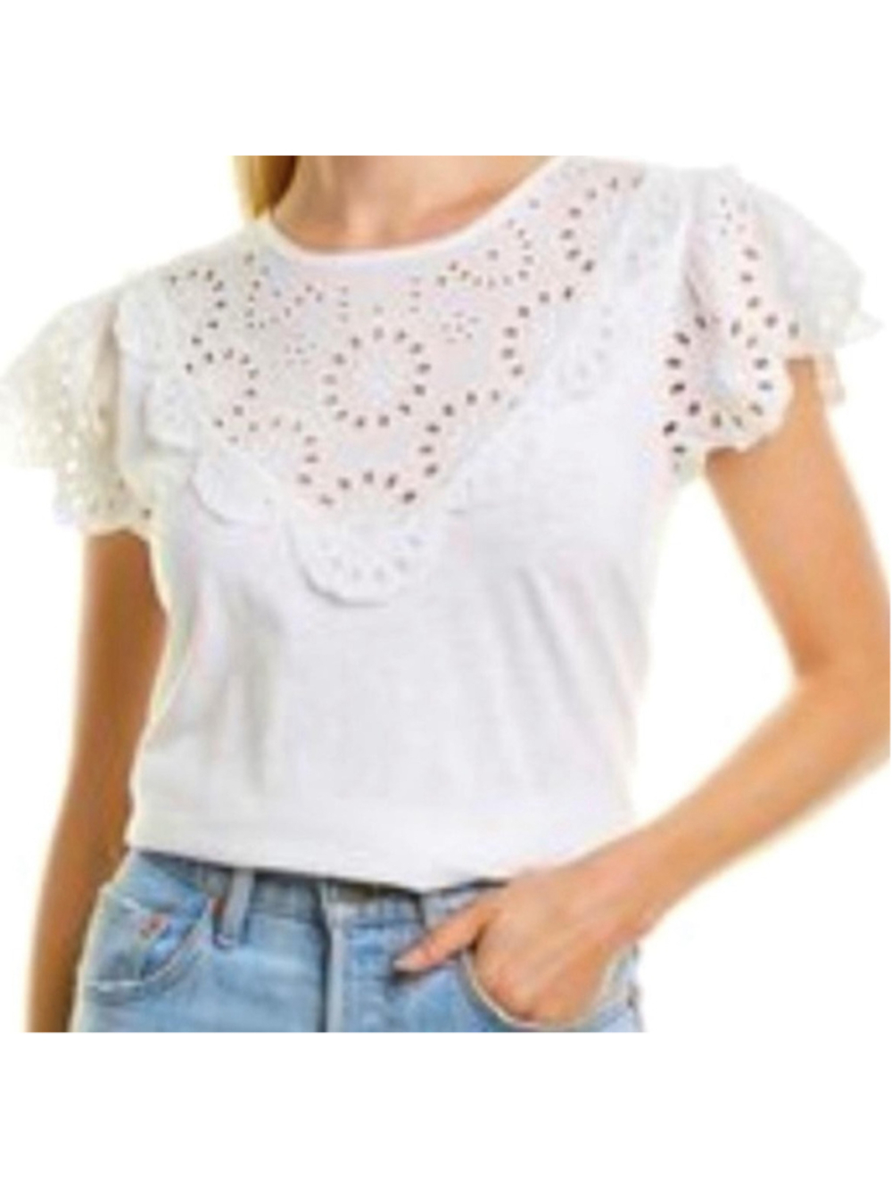 J Crew Shirt Womens Medium light blue Eyelet Lace Flutter Sleeve Cotton Tee Top